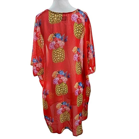 Show Me Your Mumu Kimono Pineapple Print Red Sheer Cover Up *FLAW - Picture 3 of 6
